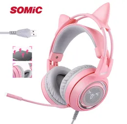 Somic G951 Pembe Kedi Kulaklıkları Sanal 71 Gürültü Önleme Oyun Kulaklık Titreşimi Led USB Kulaklık Kız Kulaklıkları PC2811512
