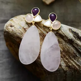 Luxury Women Rose Quartz Gold Plated Stud Stones Crystal Healing Chandelier Earrings Party Bold Art Dec Jewelry Femme Wholesale 240601