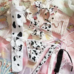 Sexig pyjamas kvinnor cosplay underkläder underkläder lolita bh och trosor set japansk anime cos flanell söt sexig ko snörning bikini bras g240529