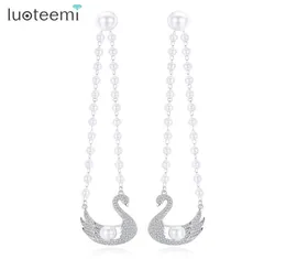 Luoteemi Trendy Dualuse Swan Dangle cz Stoneと模倣パールビーズドロップイヤリングバレンタインギフト2113366