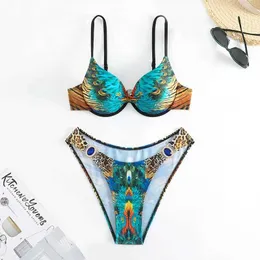 Swimwear femminile xs-xxl sexy pavone leopardo pavone alto push up bikini set da bagno da bagno da bagno da bagno da bagno da bagno da bagno da nuoto j240531