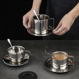 3Pcsset Stainless Steel Coffee Cups with Tray Stirring Spoon Double Wall Insulation Milk Tea Mug European el Drinks Tumbler 240531