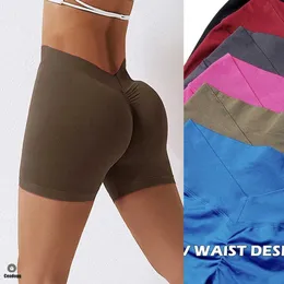 Joga stroje 2024 Knit Seamless V Back Yoga Shorts Kobiety Elastyczne szarpnięcie sporty do biegania treningiem wysokim talii T240601