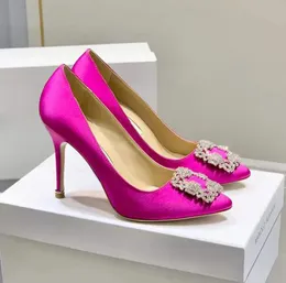 Fuchsia Pumps Dress Shoes Womens High Heeled100mm silk Slip-on High-Heeled Stiletto Round Toes Heels Luxury Designers Crystal-Embellished Evening shoes with box