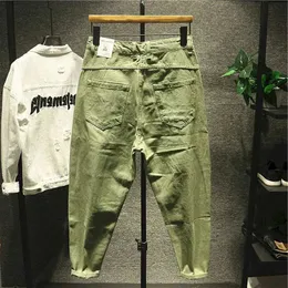 Men's Jeans Foufurieux Japanese trend new mens split hole jeans in white green black ankle length youthful and fashionable loose denim harem cargo pants J240531