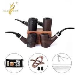 Old Fox Black Sandalwood Tobacco Curved Pipe Set Accessories 9mm Filter Solid Wood Dry Ebony Smoking Pipe With 10 Tool Kits240516