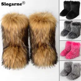 Boots Womens winter fluffy artificial fox fur boots Womens plush warm snow boots Luxury footwear Womens fur boots Fashion winter shoes T240530