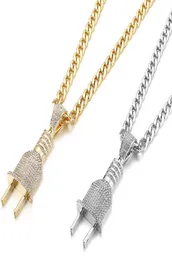 Fashion Bling Bling Electrical Plug Shape Iced Out Pendants Necklaces Charm Chains GoldSilver Color Men Women Hip Hop Jewelry9778675