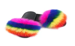 Женские тапочки для волос Fox Летние пушистые туфли Rainbow Multi Color Women Slippers 100 настоящие лисибы с мехом роскошные слайды Большой размер 36456237335