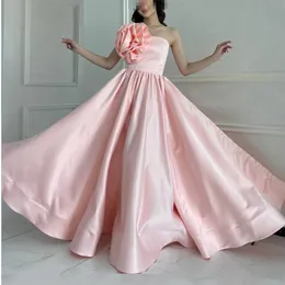 Ein Schulter Abendkleid lange eine Linie rosa satin formelle Party -Promkleid mit Blumen