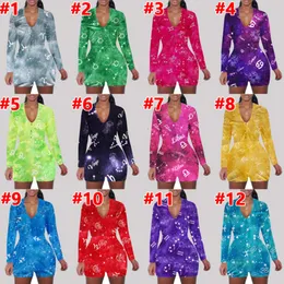 Designer 12 Constellations Långärmning Pyjamas Jumpsuits High Qulity Womens Bodysuit tryckt Deep V Nightclub Tights Rompers