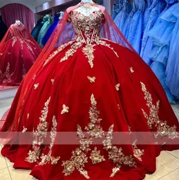 Elegante abito da ballo rosso Abiti Quinceanera Velvet con appliques di pizzo del mantello Off perline dolci Sweet 16 Dress Vestidos De 15