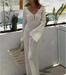 Sexy Women Long Knit Beach Dress HollowOut Deep VNeck Sleeve Bikini CoverUps Fall Backless Holiday 240523