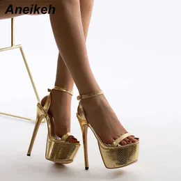 Sandalen Aneikeh neue sexy Sandalen Frauen Bling Golden PU Peep Zehen Stripper High Heel Sandalen Sommer Mode Schnalle Gurt Dünne Absätze Schaden T240530