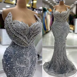 2024 Aso Ebi Plus Size Grey Mermaid Prom Dress Crystals Beaded Sequined Evening Formal Party Second Reception 50th Birthday Engagement Thanksgiving Gowns Dresses