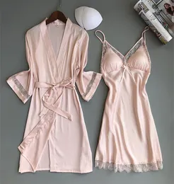 Women039S Sleepwear Freshing Summer Lace Hollow Woman Robe Set Camisole Night Skirt Twinset Rayon Silk Pajamas Home Furnishing 5394906