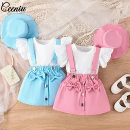Clothing Sets Ceeniu Kids Designer Luxury Clothes For Girls Lace Sleeve T-Shirts Bowknot Suspender Skirt Sun Hat Children's