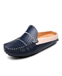 Slippers Кожаные мужчины дышащие отверстия повседневная обувь Men039s летние классические голубые половину слайды