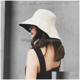 Wide Brim Hats Solid Color Sun Hat Fashion Two-Side Wear Outdoor Portable Foldable Women Bucket Cap Female Lady Panama Caps Drop Deli Dhu3G