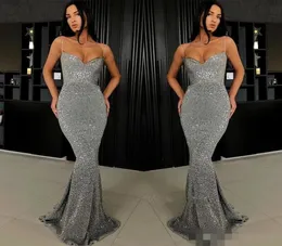 Spaghetti Straps와 함께 Sparkly Silver Grey Squins Prom Dresses Long Mermaid 2019 Custom Made Plus Size Evening Formal Wear Party G9434966