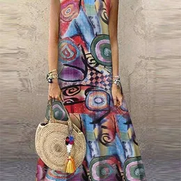 Bohemian Floral Printed Dres vintage ärmlös O Neck Beach sundress Sommar Femme Fashion Vestido Robe Sarafans 240518