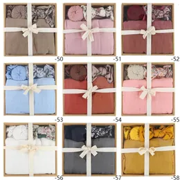 Född filt wrap set mjuk inkluderar bomulls baby swaddle turban pannband muslin swaddles bowknot hatt spädbarn huvudkläder 240603