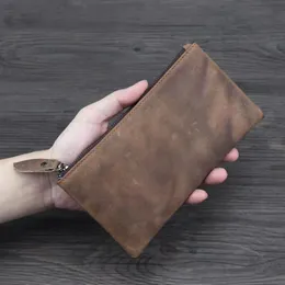 Crazy Horse Leather Handmade Simple Men Wallet Long Cowhide Thin Clip Retro Genuine Leather Women Bag