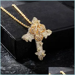 Pendant Necklaces Bling Diamond Stone Rose Flower Cross Pendants Necklace Jewelry Real 14K Gold Plated Lover Gift Couple Relius Valent Dhjdg