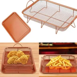 Metall kopparbricka mikrovågsugn kopparbakning Bingray BBQ Tray Fry Pan Non-Stick Chips Basket Bakningsskål Grill Mesh Köksverktyg