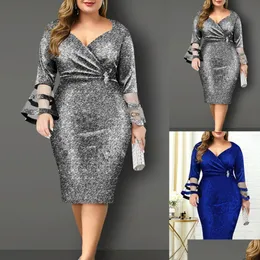 Plus -Size -Kleider Sommer hohe Taille Bodycon Kleid Frauen elegant y v Hals Bright Seidennetz Abend Hochzeitsfeier Drop Lieferbekleidung DHPOH