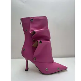 2023 Lady Leather Martin Boots Pilage Toe Poinded High Heils KnightRivets Detachable 2 Wear Booties Anow Anow Ankle Wedding Shoes Zipper Pleated Siz 34-43