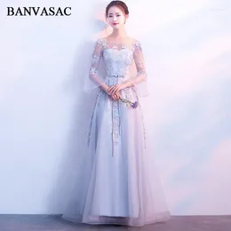 Party Dresses Banvasac 2024 A Line Lace Brodery Open Back Long Evening O Neck Flare Half Sleeve Bow Sash Prom Gowns