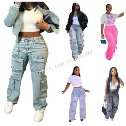 Denim Pants Women Streetwear Jeans blixtlås Flyg Multiock Sidoslast Staka byxa Wide Leg Byxor