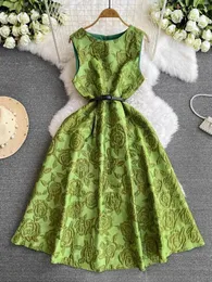 Casual Dresses Summer Fashion Luxury Green Jacquard Dress Women's Sleevless O Neck Tank Zipper Belt Pocket Ball Gown Flower Party Midi