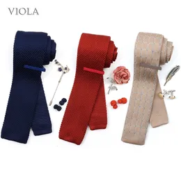 4 adet moda örgü kravat setleri broş pim kravat klipsli kol düğmeleri gül kırmızı kahverengi erkekler düğün partisi elbise hediye katı kravat aksesuarı 240119cj