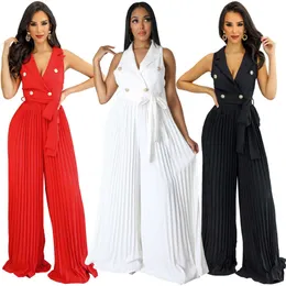 Kvinnors jumpsuits Rompers viifaa V-ringning Vit elegant knapp Front Pleated Chiffon Jumpsuit Women Sleeveless Festival Outfits Long Jumpsuits T230504