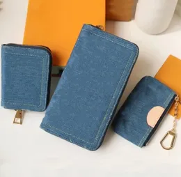 women mens branded cowhide denim zippy wallet blue color long type zips wallets with card holder canvas inside with box dustbag