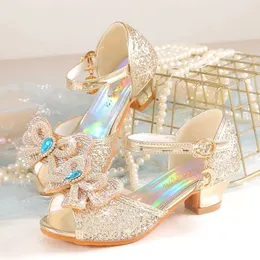Summer Girls Sandals With Heel Fashion Rhinestone Shiny Glitter Shoes Children Princess Bowtie Pearl Dancing Shoes H876 240603