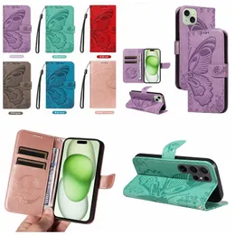 Cases For One Plus 12 12R CE4 Huawei P70 Pro Nova 12S 4G 12 SE 4G Honor 200 Lite Xiaomi 14 13 Ultra Imprint Butterfly PU Leather Wallet ID Card Slot Flip Cover Pouch Strap