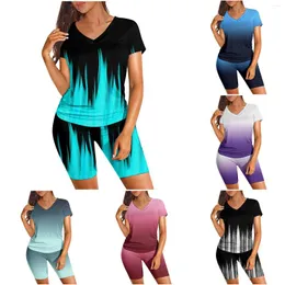 Women's Tracksuits Summer Clothes Two Piece Set 2024 Gradient Print Short Sleeve V Neck Outfits Shorts Nuevo En Conjuntos A Juego