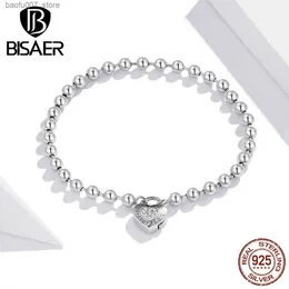 Bangle Bisaer Real 925 Sterling Silber Einfache Perlenkette Zirkon Herz Braceltes Platin für Frauen Hochzeit Fein Schmuck Q240603