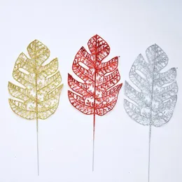 Decorative Flowers 20pcs 42CM For Christmas Decoration Artificial Plastic Leaf Xmas Leaves Gold Dust Powder Silver Red