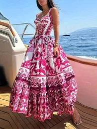 Casual Dresses 2024 Summer New European and American Women's Bohemian Style Elegant Light Luxury Mid-Long Printed Halter Dress Q240605