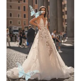 2024Julie Vino Boho Brautkleider gegen Nacken Illusion Spitzen Pailletten Tüll Sweep Zug Beach Brautkleider Rückenless Vestido de Novia