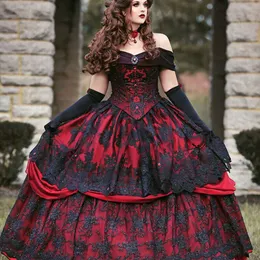 Gothic Design rot und schwarzer Brautkleider Schloss Prinzessin Off Schulter Vintage Spitze Brautkugelkleider Vestido de Noiva 0605