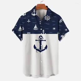 Herren lässige Hemden 2024 Hemd 3D Boot Anker Streifen Print Hawaiian für Männer täglich kurze Ärmel lose übergroße Kleidung