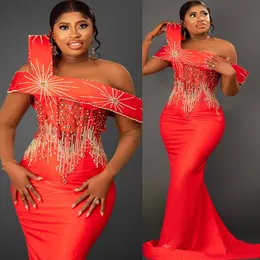 Aso Ebi 2024 Red Mermaid Prom Dresses Stylish Beaded Crystals Evening Party Formal Second Reception Birthday Enagement Thanksgiving Dress Gowns LF074