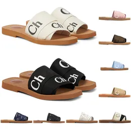 Designer Sandaler Woody Women Mules Flat Slides Light Tan Beige White Black Pink Blue Lace Lettering Tyg Canvas Slippers Womens Girls Summer Beach Sandals Shoes Shoes