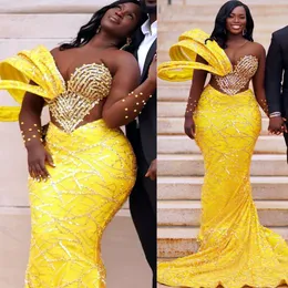 Aso Ebi 2024 Yellow Mermaid Prom Dresses Beaded Sequined Lace Evening Party Formal Second Reception Birthday Enagement Thanksgiving Dress Gowns LF075