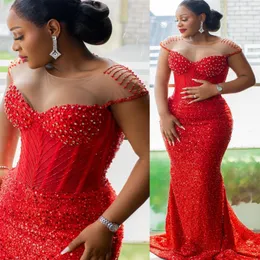 Aso Ebi 2024 Red Mermaid Prom Dresses Sequined Beaded Crystals Evening Party Formal Second Reception Birthday Enagement Thanksgiving Dress Gowns LF067